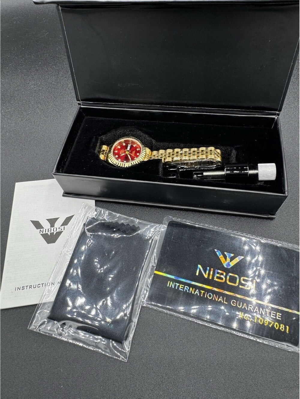 NIBOSI Women’s Gold Tone Day Date Watch Red Dial New Box Tool Included